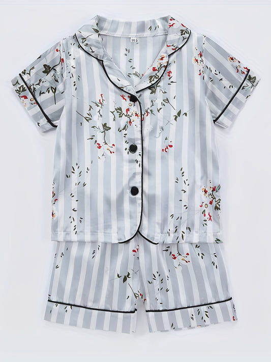 Kids Satin Pajamas Sets Girls Boys Button Down Pjs Short Sleeve Nightwear