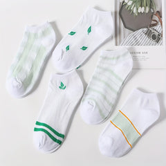 5 Pairs Striped & Leaf Print Low Cut Ankle Socks Women's Stockings