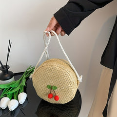 Straw Cherry Mini Shoulder Bag Zipper Round Crossbody Bag