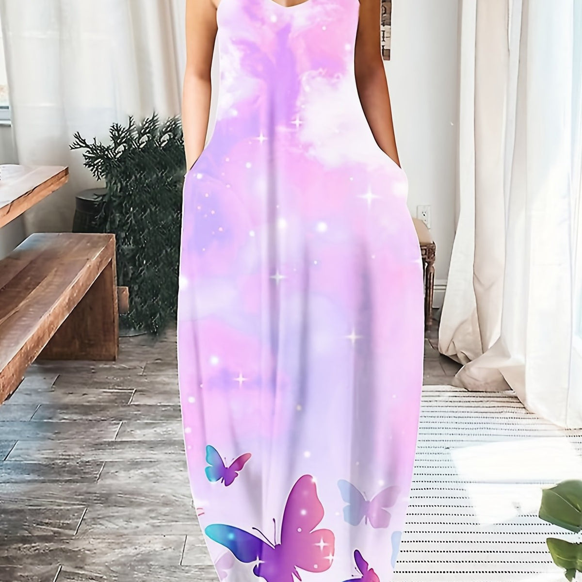  Women's Butterfly Tie Dye Sleeveless Maxi Summer Dress
