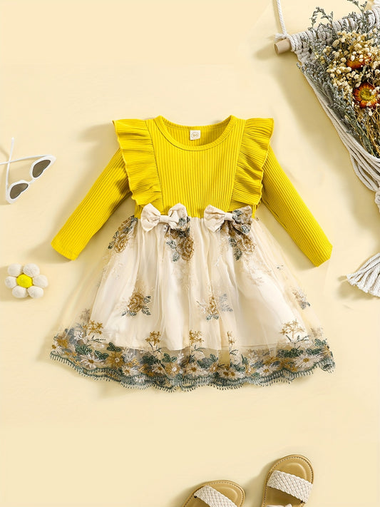 Girls' Embroidered Tulle Bowknot Casual Dresses Kid Girls Fall Winter Outfit