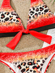 Leopard Print Bikini Set Halter V Neck Back Buckle Backless Tie Side High Cut