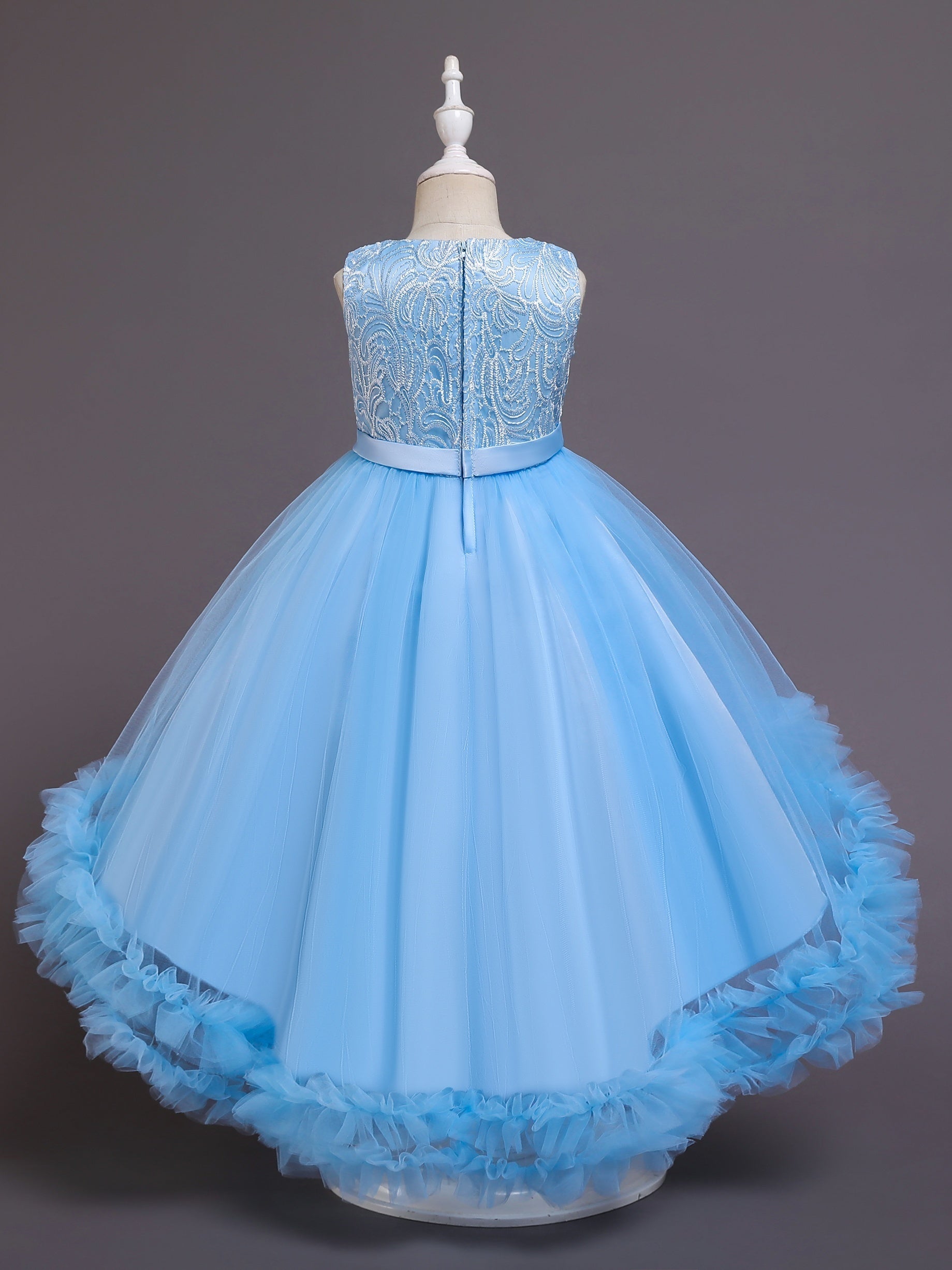 Girls Puffy Tail Princess Dress Bow Embroidery Tulle Tutu