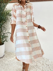  Colorblock Stripe Print Button Up Roll Sleeve Maxi Shirt Dress