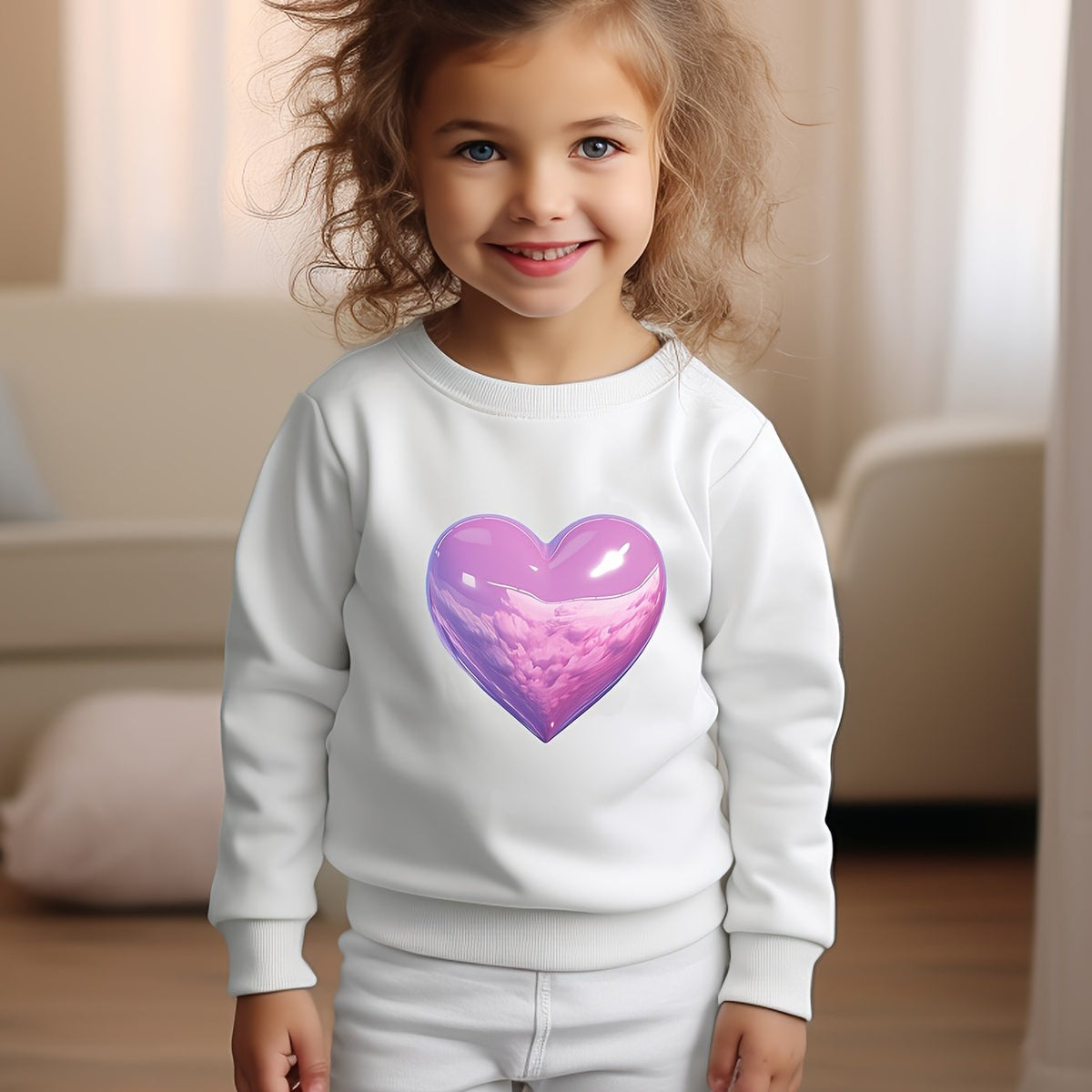 Cartoon Cloud Heart Print Girls Sweatshirt Crew Neck Tops