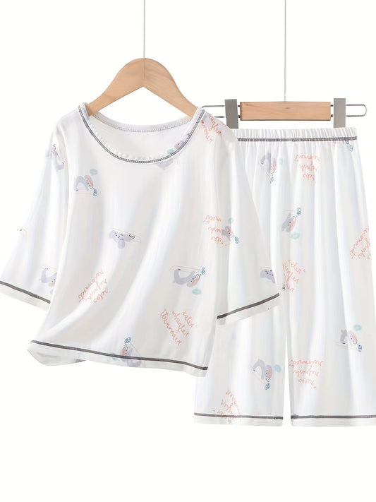 Boys 2pcs Dog Print Pajama Set Round Neck T shirt Top & Pants