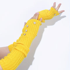 Yellow Knit Fingerless Gloves Y2K Pearl Flower Detail Warm Elastic
