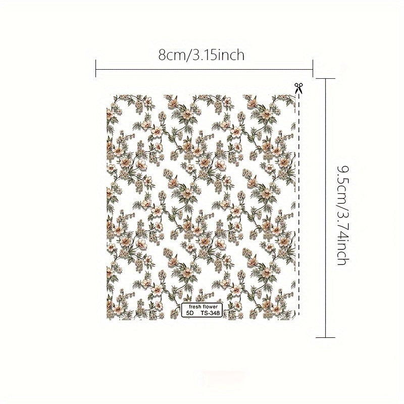 5D Floral Plant Embossed Nail Decals Self Adhesive Nail Stickers