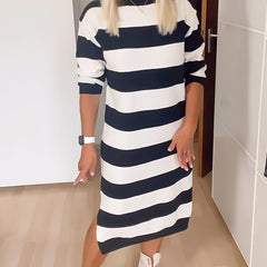  Casual Dress Women's Plus Stripe Print Long Sleeve Round Neck