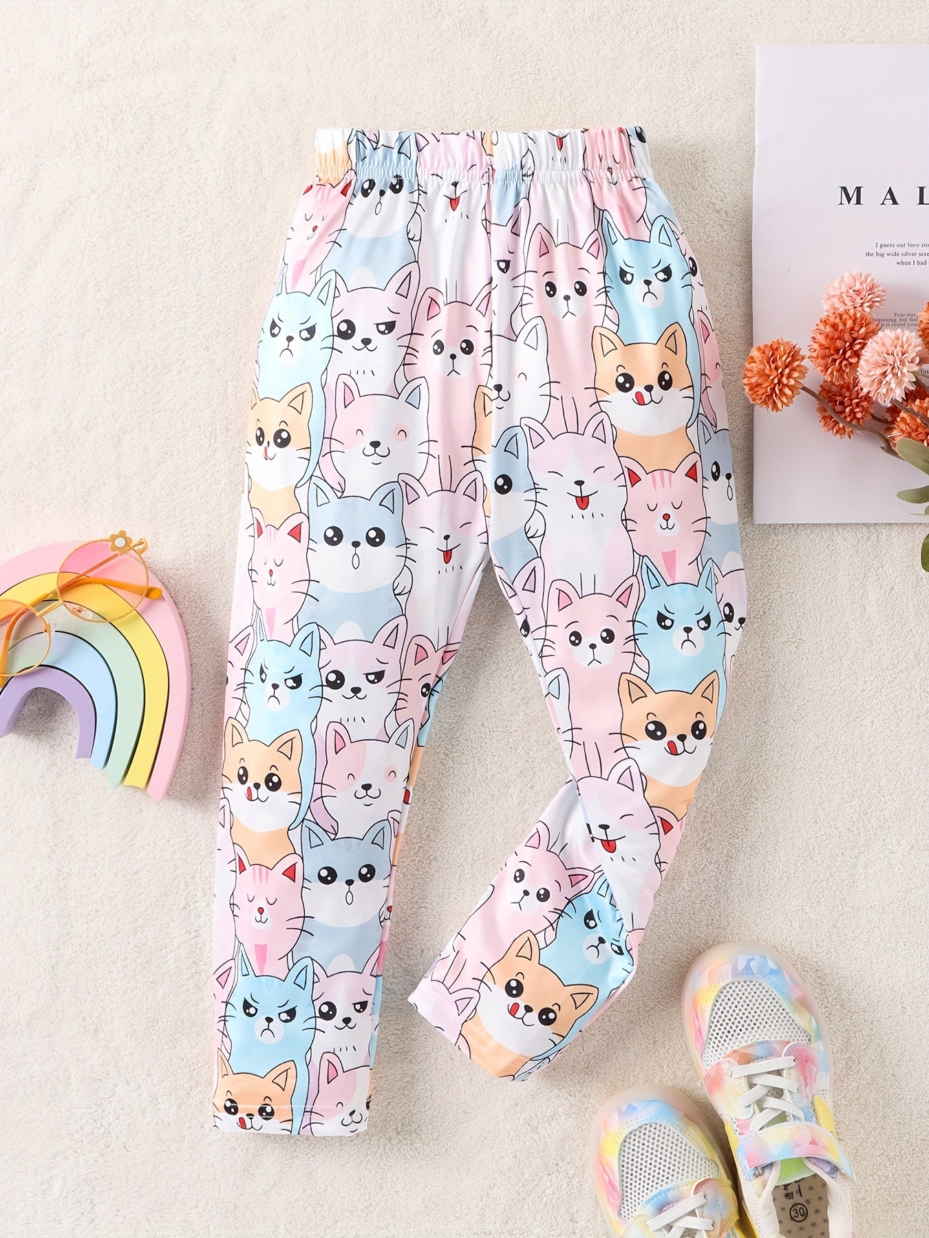 Girl's Cat Print Pants Child's Cozy Trousers