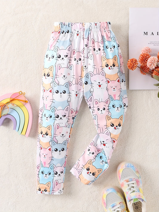 Girl's Cat Print Pants Child's Cozy Trousers