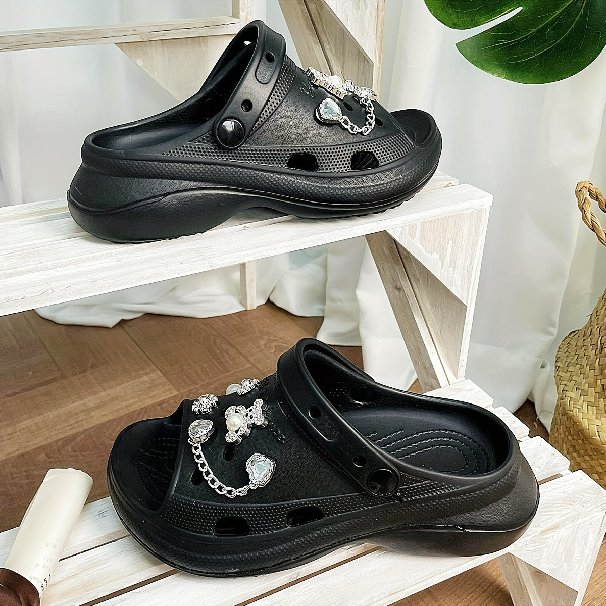 Women's Bear Charms Clogs Rhinestone Peep Toe Platform Sandals