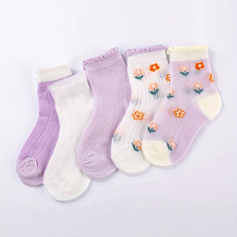 5 Pairs Girls Thin Floral Socks Spring Summer Accessories