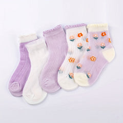 5 Pairs Girls Thin Floral Socks Spring Summer Accessories