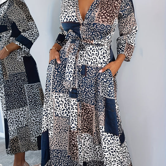  Leopard Print Long Sleeve Button-Up Maxi Shirt Dress