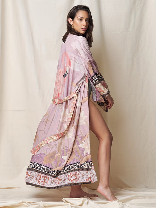 Tribal Pattern Long Robe Contrast Trim Kimono Cover Up
