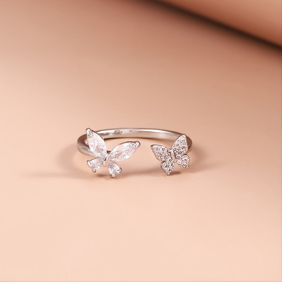 Butterfly Zircon Open Ring Adjustable Silver Plated Women Girls Decor