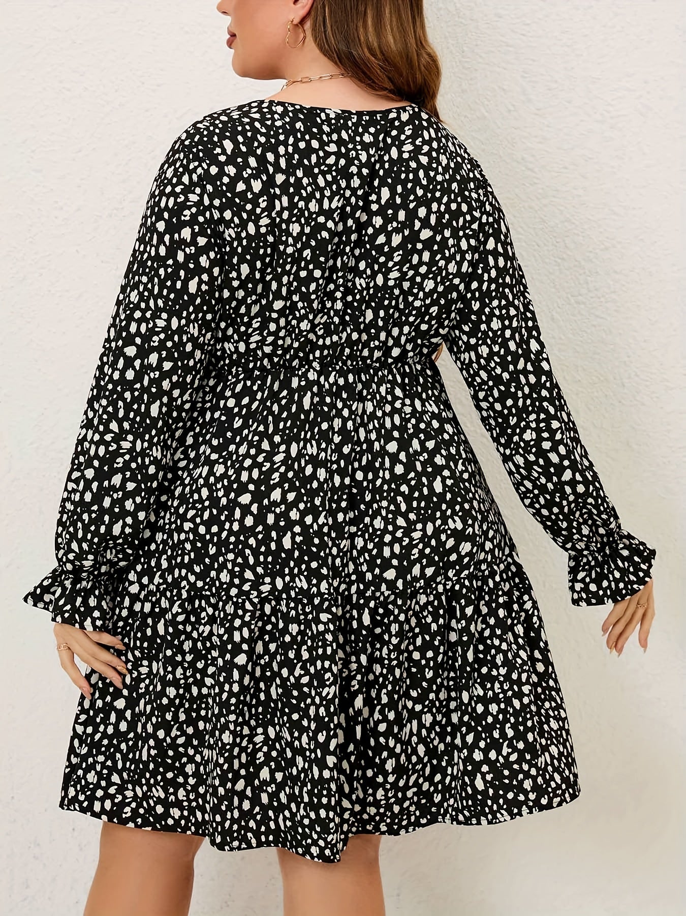 Plus Size Boho Dress Allover Print Flounce Sleeve Smock Dress