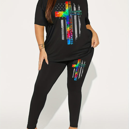 Cross & Flag Print 2-Piece Set Crew Neck Short Sleeve T-shirt & Slim Pants