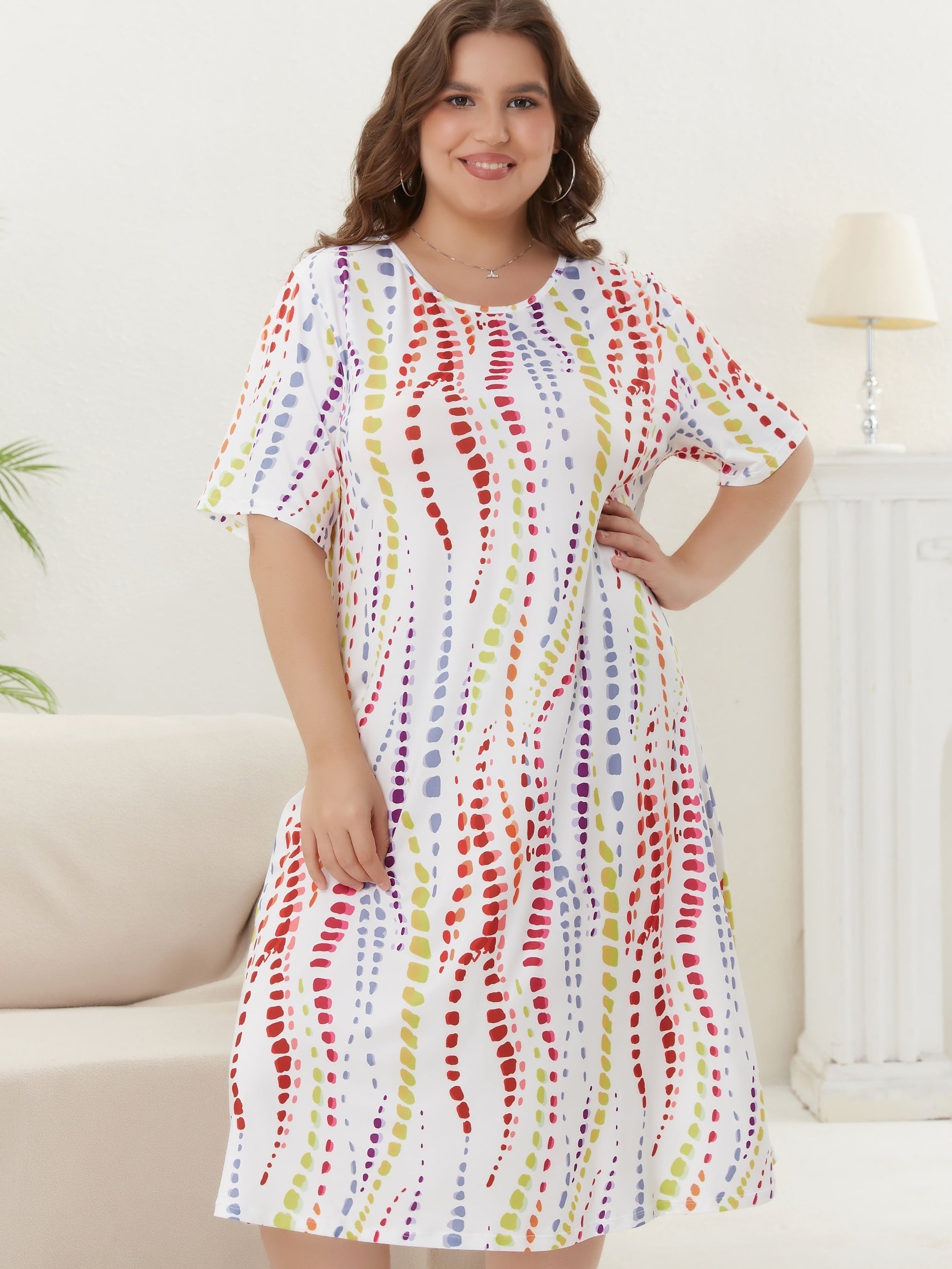  Tie Dye Striped Short Sleeve Nightdress High Stretch Tee Sleep Dress