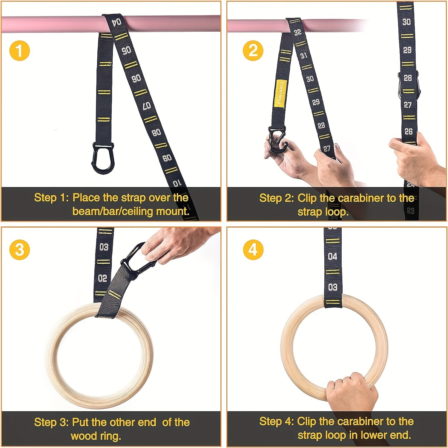 Adjustable Wooden Gymnastics Rings 2 Pack with Straps