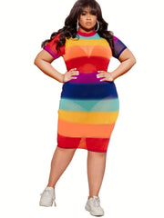  Colorblock Stripe Round Neck Sheer Fit Dress