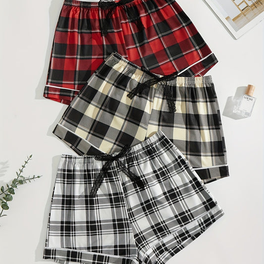 Plaid Bow Sleep Bottoms Elastic Lounge Shorts Women's Sleepwear