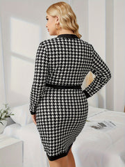  Houndstooth Print Long Sleeve V Neck Dress