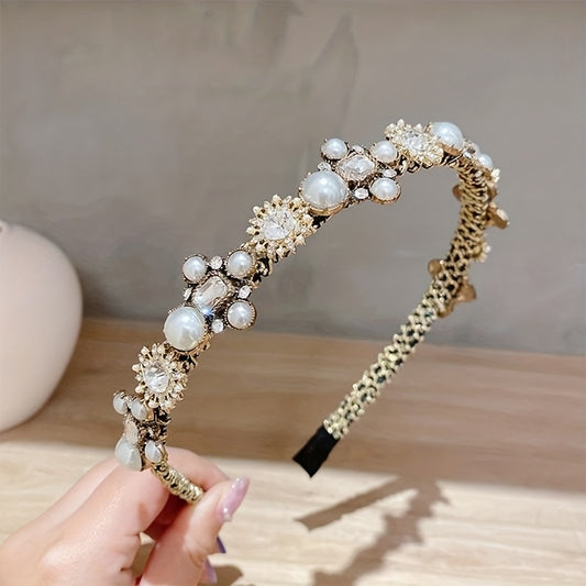 Baroque Rhinestone Headband Faux Pearl Hoop Glitter Hair Band