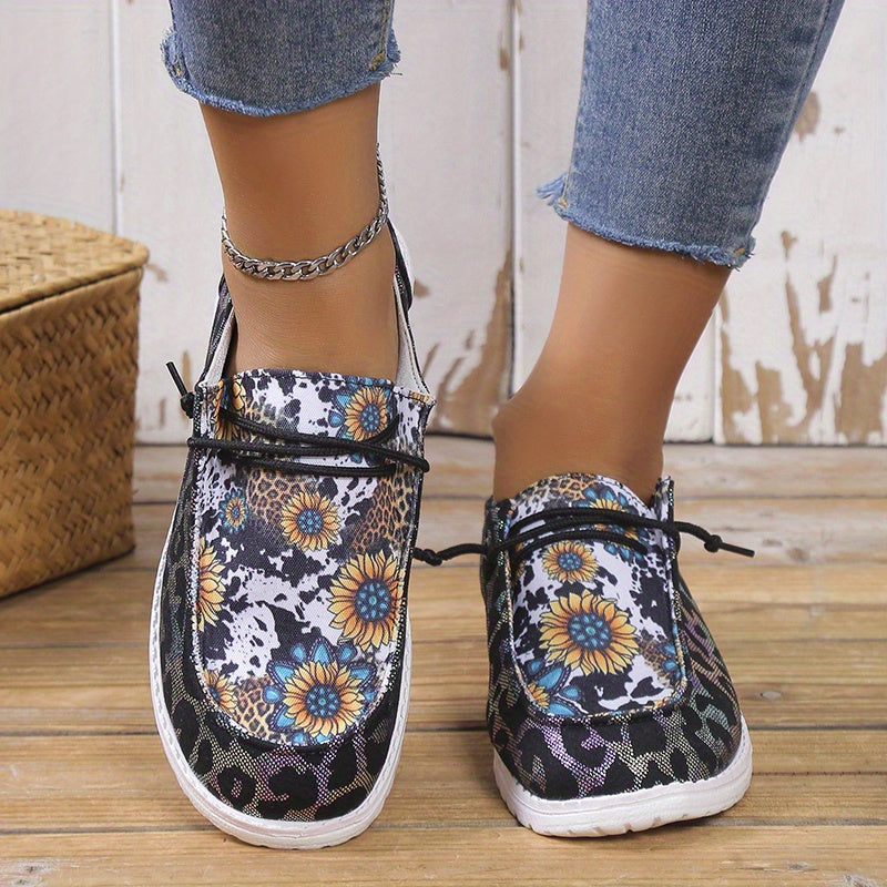 Leopard & Floral Pattern Low Flat Shoes Slip On Lace Up Casual Outdoor Shoes