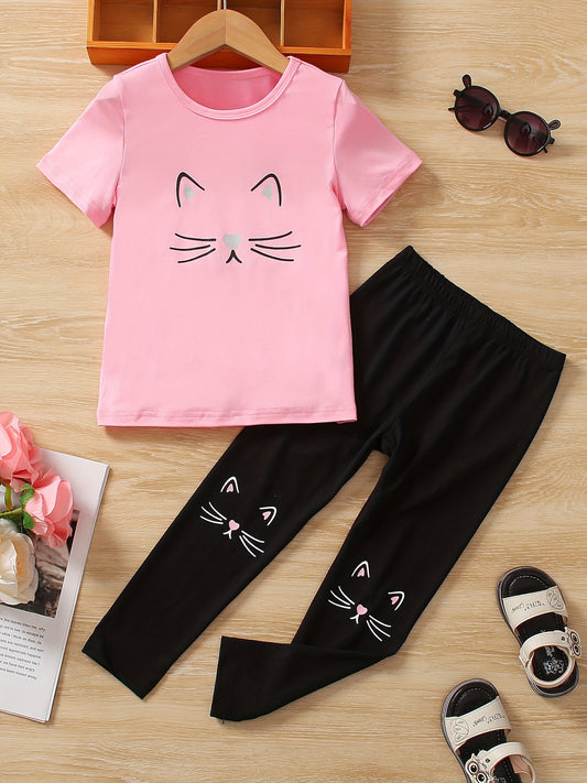 Girls Cat Print Short Sleeve Tee & Pants Set