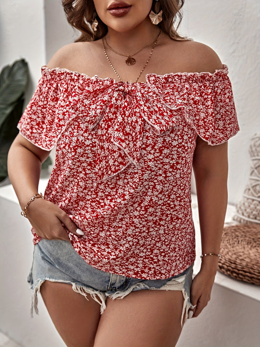  Off Shoulder Floral Print Ruffle Trim Cap Sleeve Top