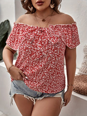  Off Shoulder Floral Print Ruffle Trim Cap Sleeve Top