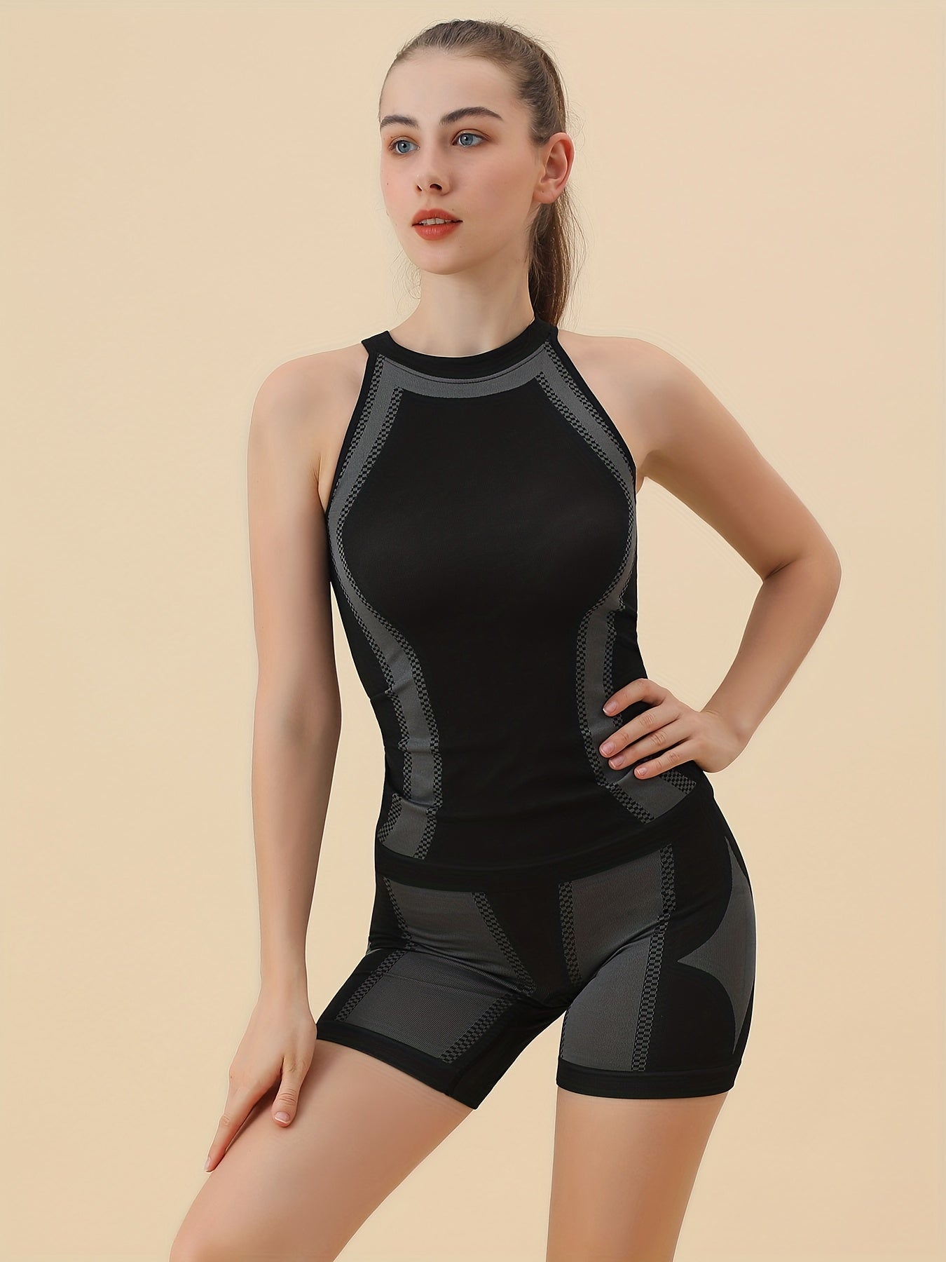 2 Pcs Round Neck Yoga Sets High Stretch Tummy Control Fitness Suit