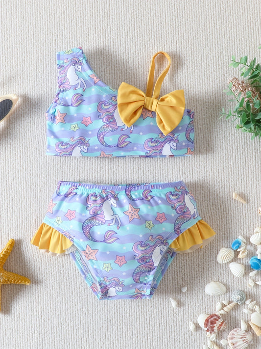 Toddler Girls' Unicorn Graphic 2pcs Swimwear Set with Bow Shoulder Top