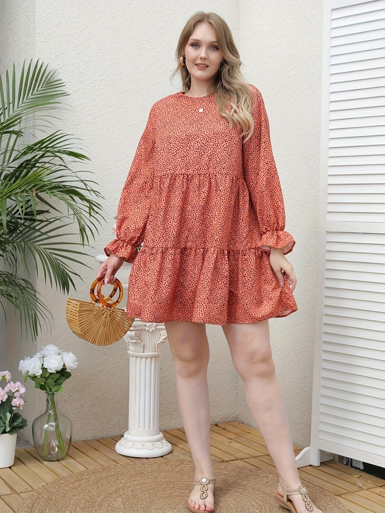 Leopard Print Flounce Sleeve Round Neck Smock Mini Dress