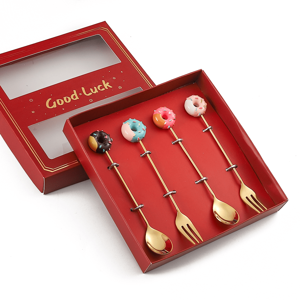 4pcs Stainless Steel Dessert Cutlery Set 2 Forks 2 Spoons Coffee Spoon