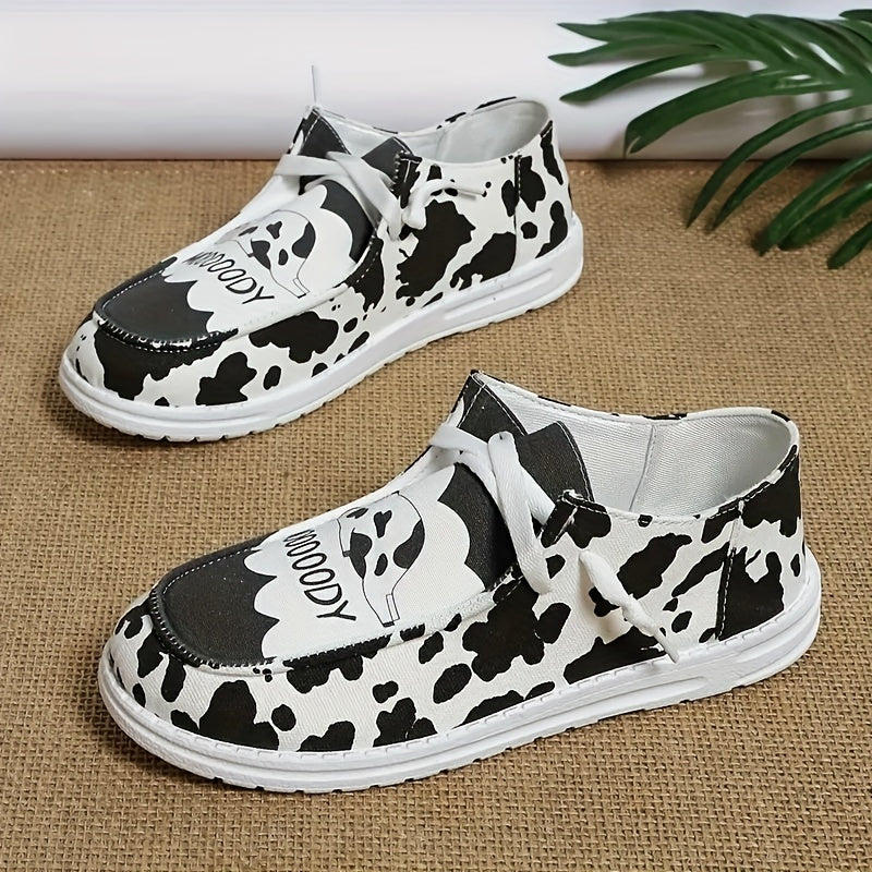 Women's Milk Cow Imprint Canvas Shoes Lace up Slip on Flat Shoes