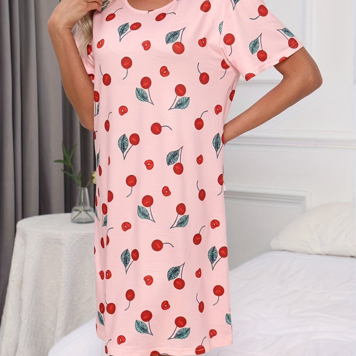 Cherry Print Lounge Dress Short Sleeve Women's Sleepwear