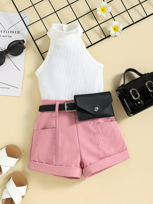 Girl's Ribbed Halter Top & Shorts Set for Summer