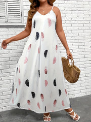  Feather Print V Neck Maxi Cami Dress