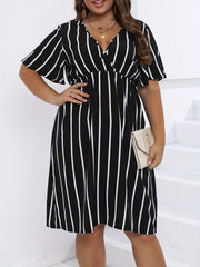  Pin Stripe Print Cap Sleeve Midi Dress