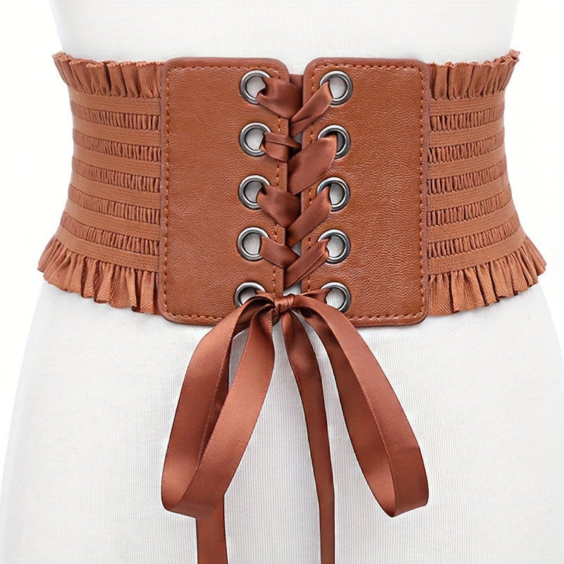 PU Leather Wide Belt Women Lace Corset Belt Female