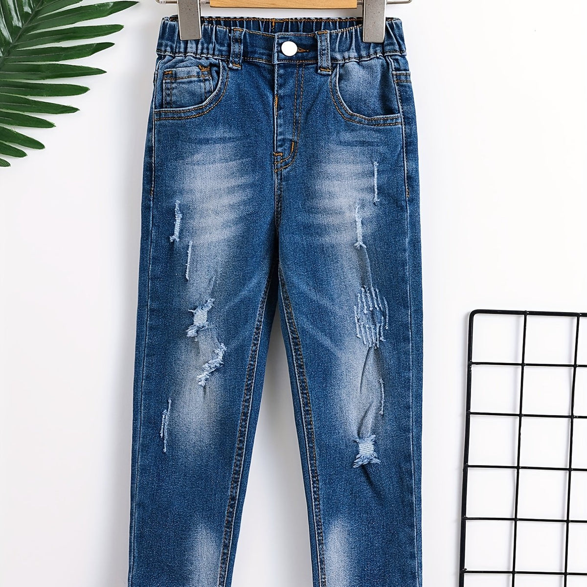 Boys Elastic Waist Ripped Jeans Denim Pants