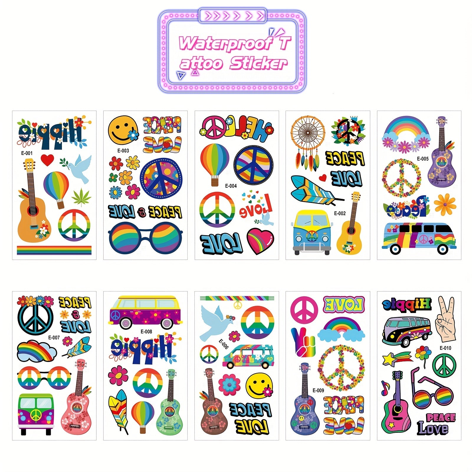Hippie Waterproof Tattoo Stickers - Temporary Tattoos for Adults and Children