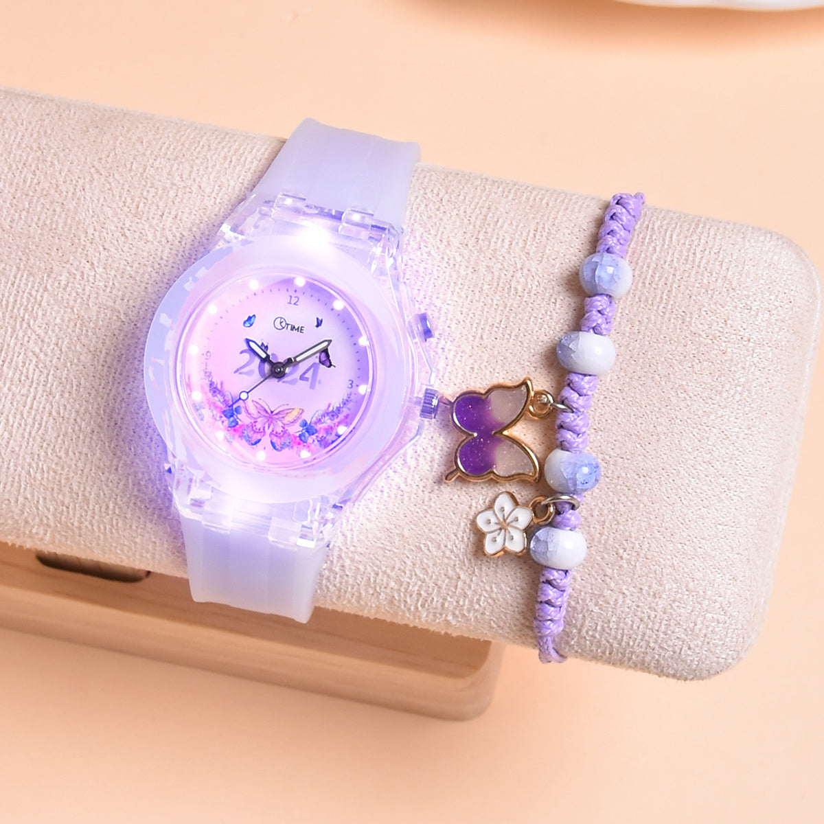 2pcs Girls' Butterfly Watches Set Silica Gel Strap & Plastic Case