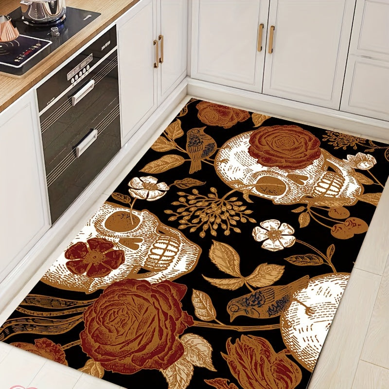 Vintage Skull Flower Print Machine Washable Area Rug - Indoor Use