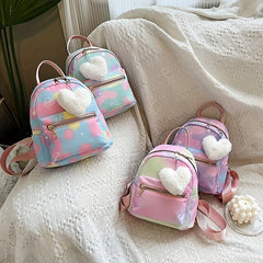 Kids Colorful Backpack w/Plush Love Charm Cute Nylon Gift