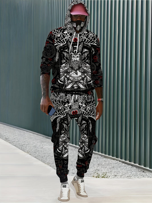 Men's All Over Print Hoodie & Sweatpants Set for Autumn Winter