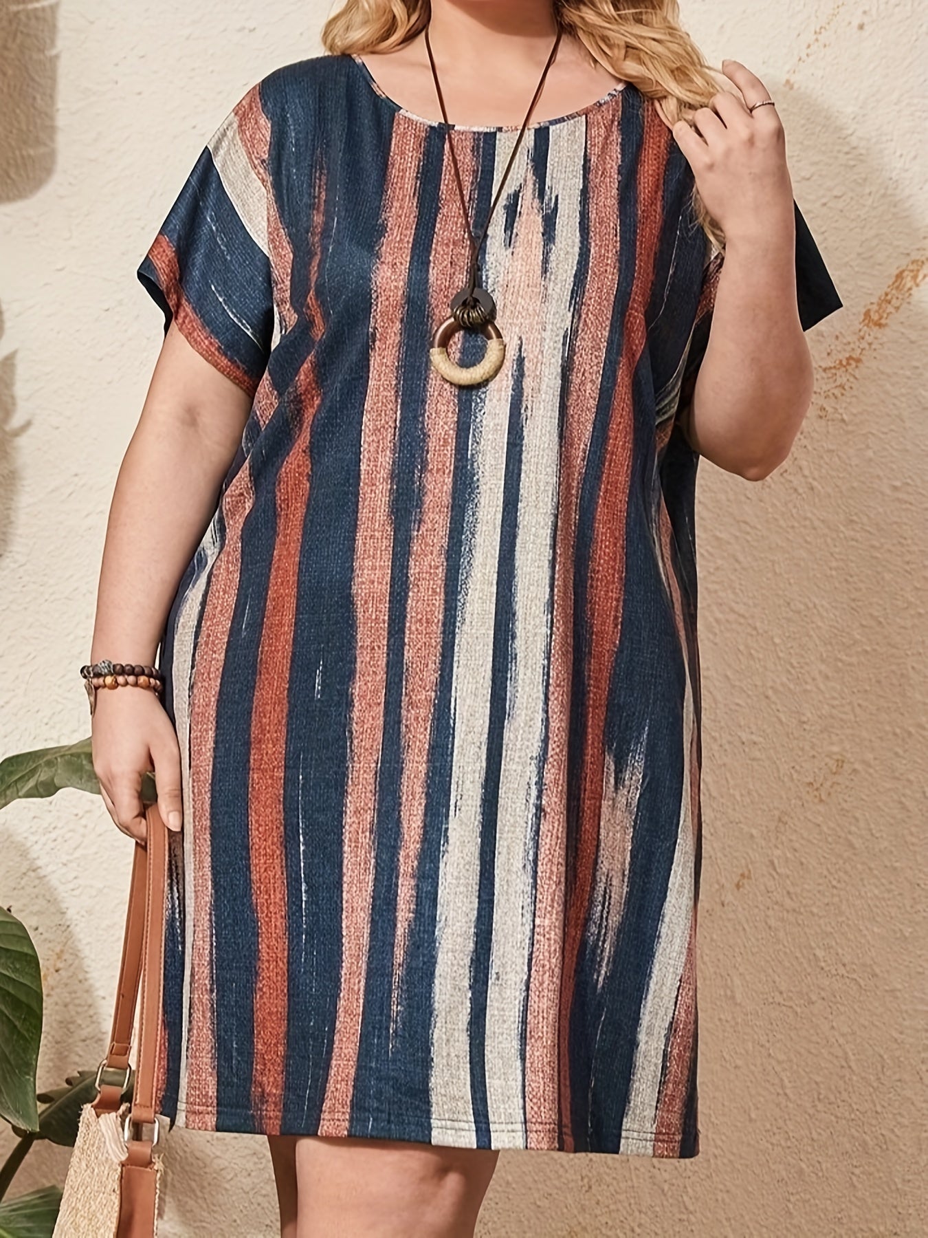  Colorblock Stripe Print Bat Sleeve Dress